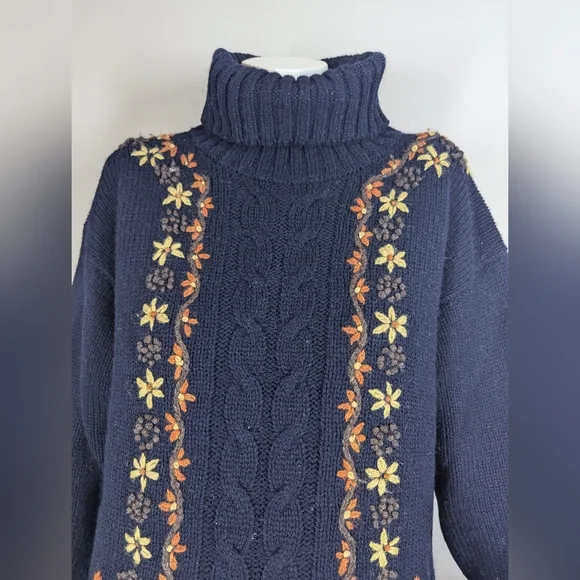 Women's cable knit wool turtle neck embroidered flowers Point Zero 90s M - Picture 5 of 12